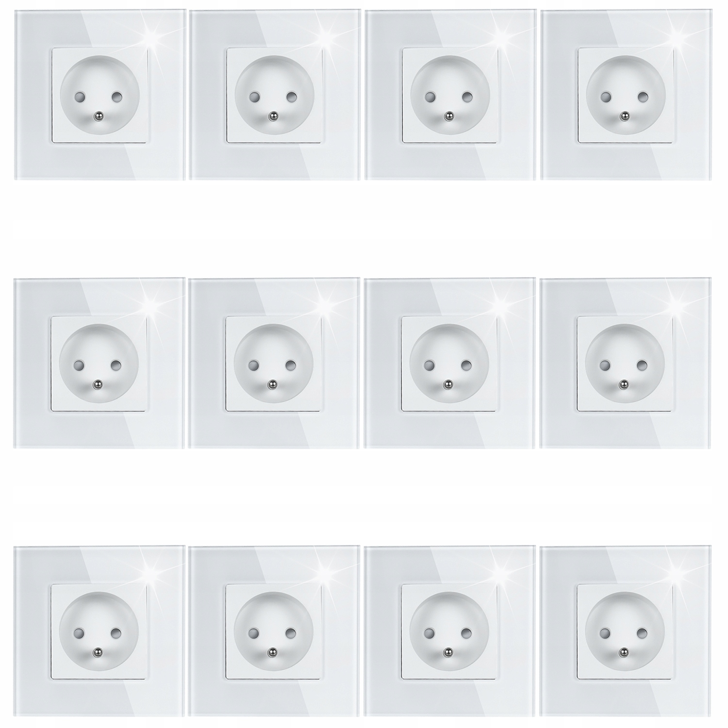12x Bílá Elektrická Zásuvka Jednoduchý Skleněný Panel Kolík Uzemnění
