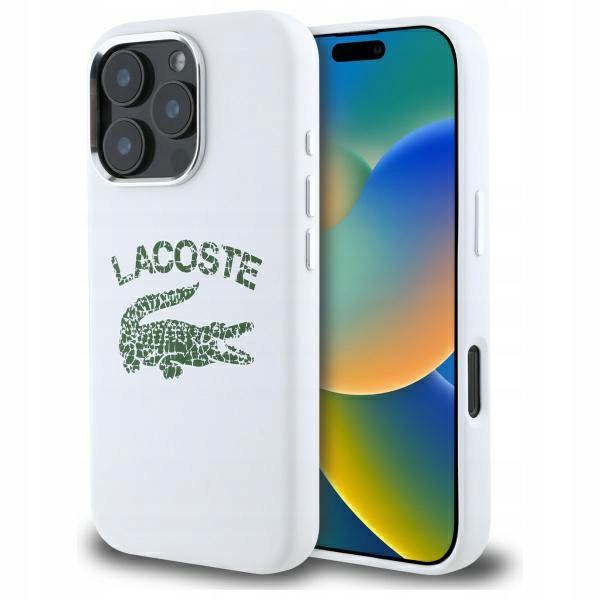 Pouzdro Lacoste pro iPhone 16 Pro 6.3" bílé Silicone Cracked Logo MagSafe
