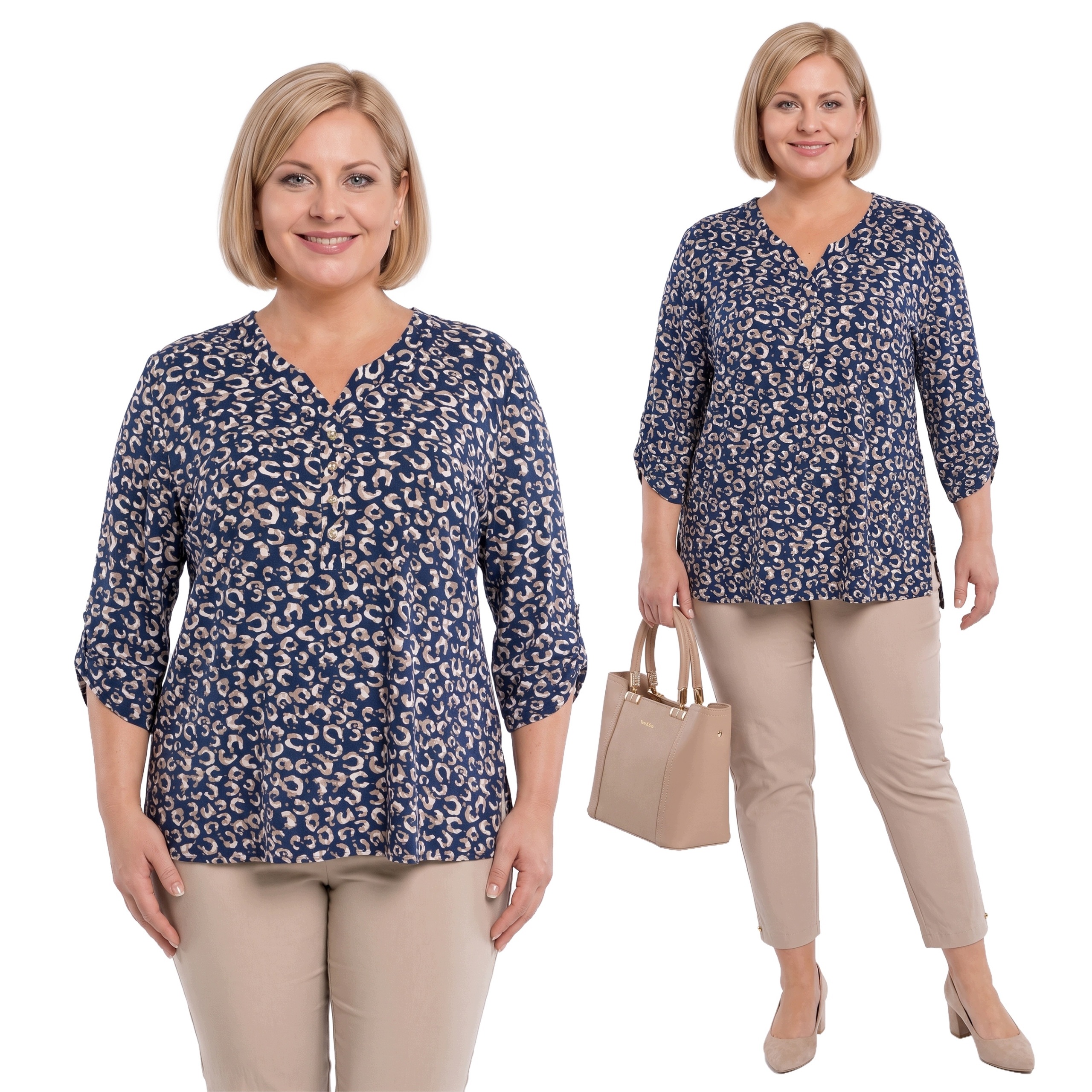 Modrá halenka s bílo-béžovou panterkou plus size velikost 58