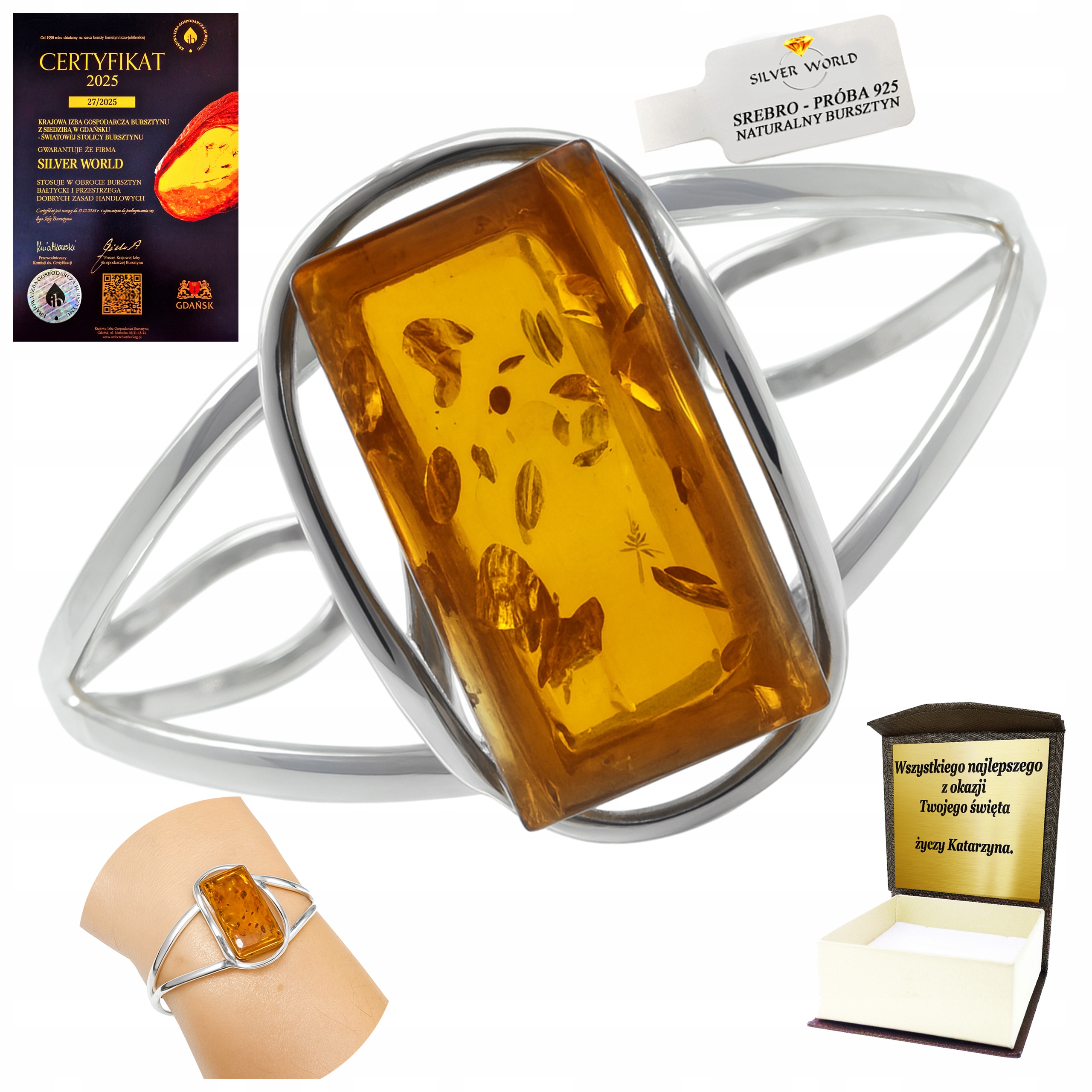 Stříbrný Náramek S Koňakovým Jantarem Jako Dárek, Ruční Práce Gravírování