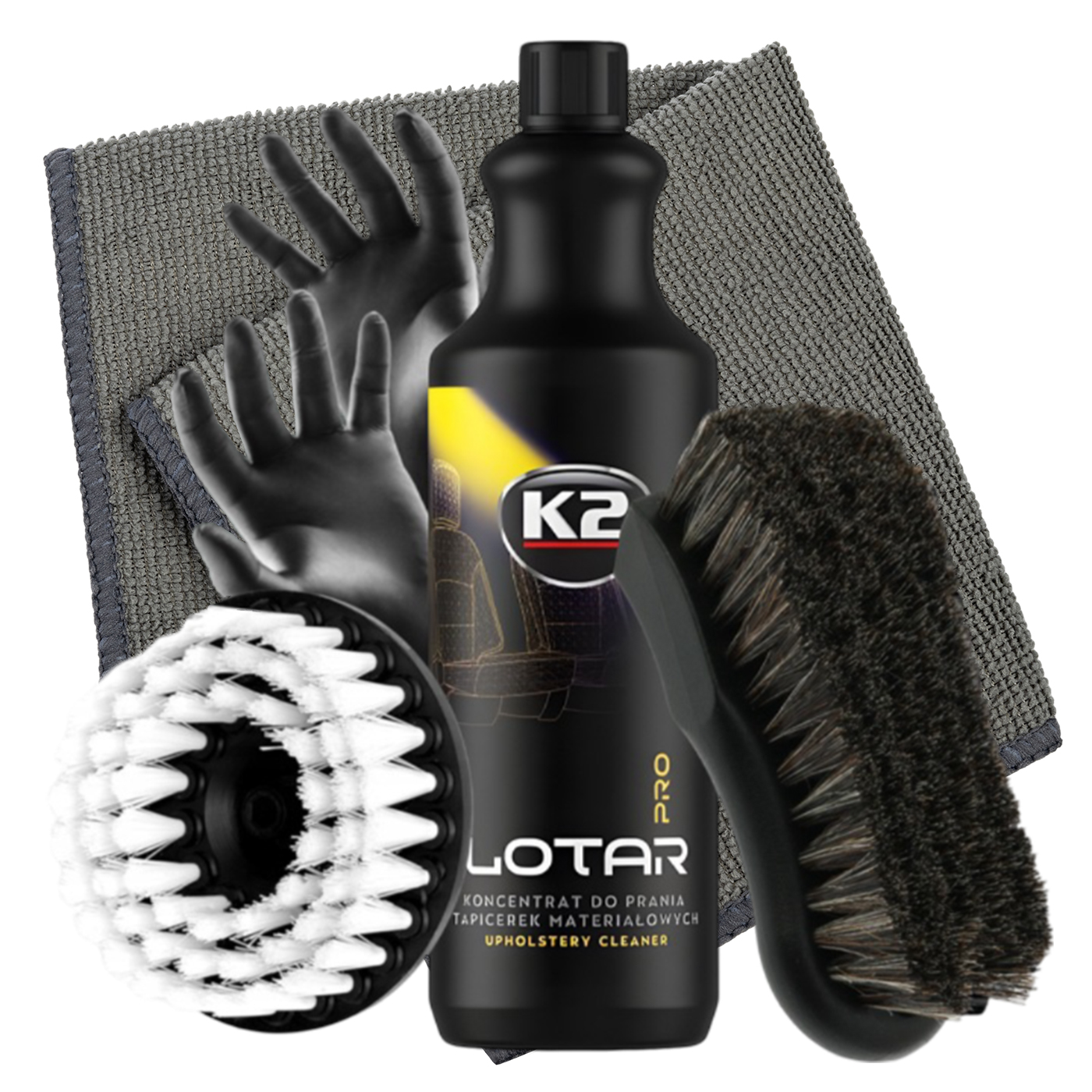 ZESTAW DO PRANIA TAPICERKI + SZCZOTKA MIĘKKA NA WIERTARKĘ PŁYN K2 LOTAR 1L