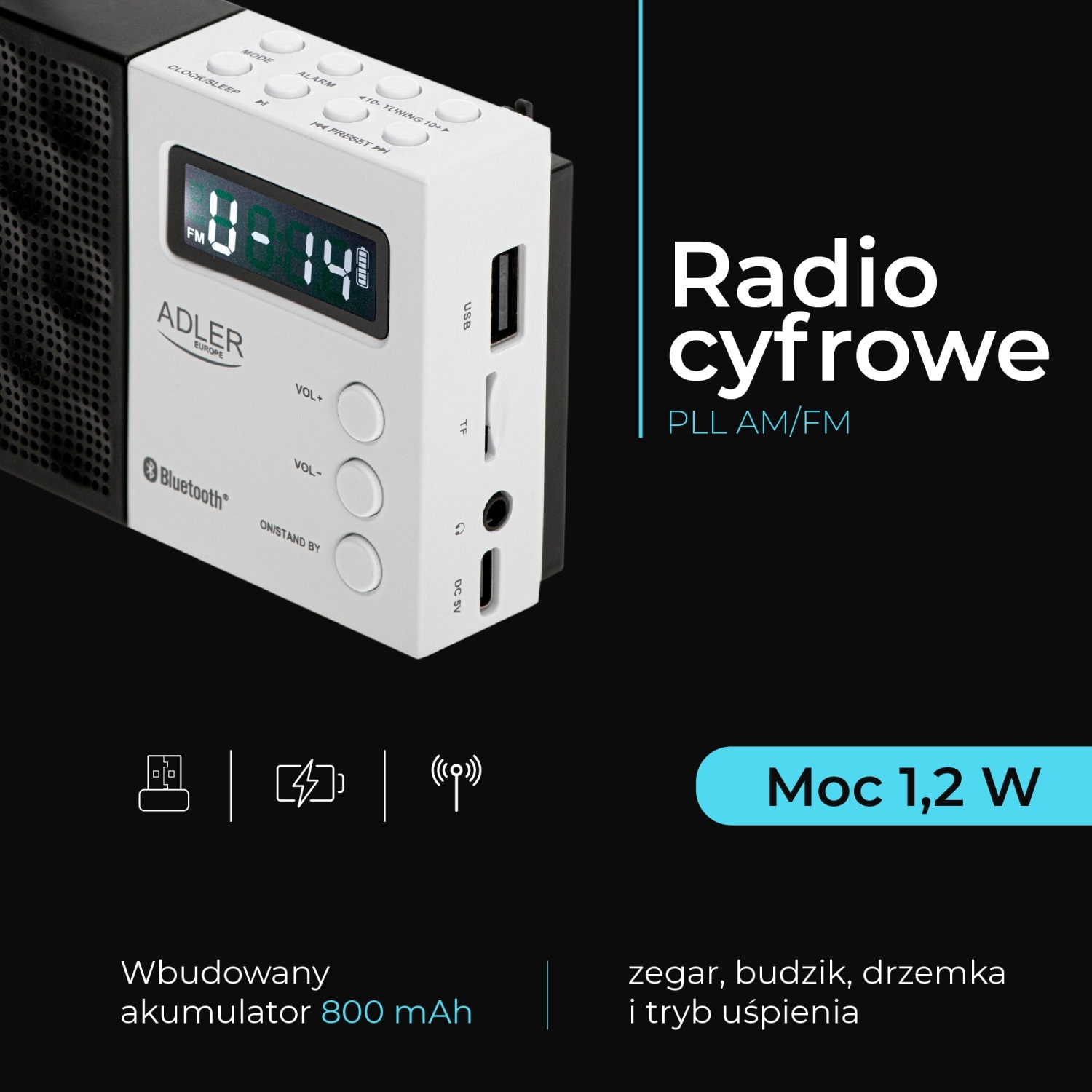Radio Cyfrowe PLL AM/FM AD 1908 Bluetooth 5.0 USB/SD Budzik