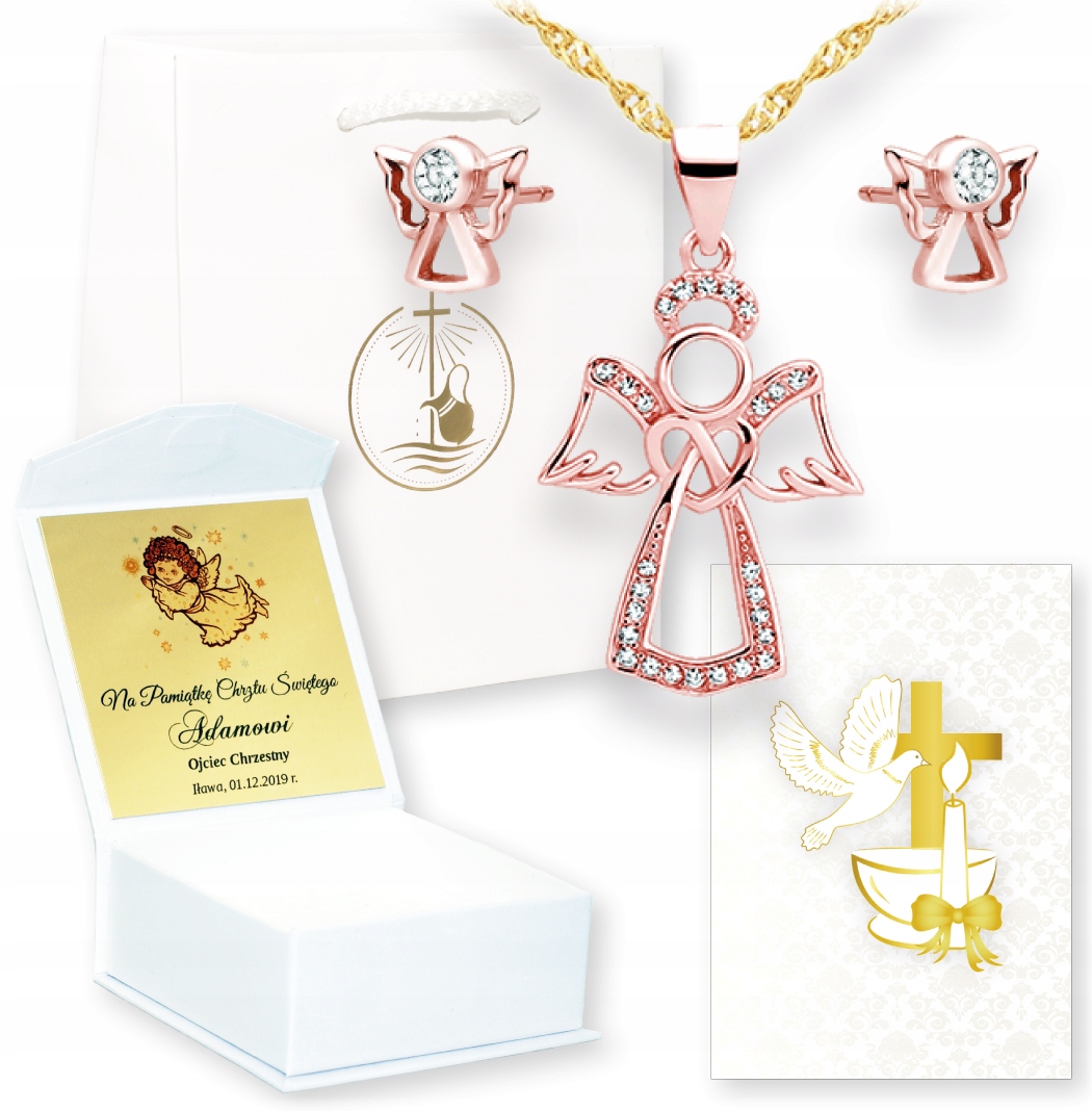 PAMIĄTKA CHRZTU CHRZEST RÓŻOWY ANIOŁEK ANIOŁ STRÓŻ Długość całkowita 45 cm
