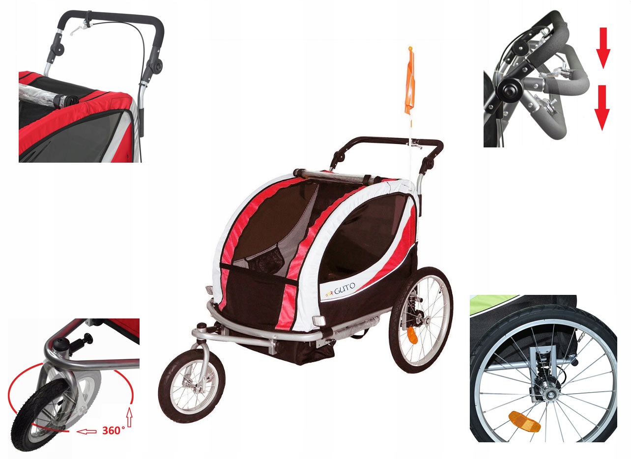 Guto Przyczepka Rowerowa Wózek Deluxe 2w1 Hol dla 2 dzieci do 40kg Red/grey