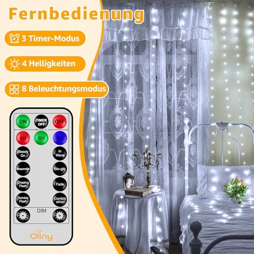 OLLNY Kurtyna Świetlna Girlanda Ozdobna Lamki Wodoodporne 3x3m 300 LED — miniatura 5