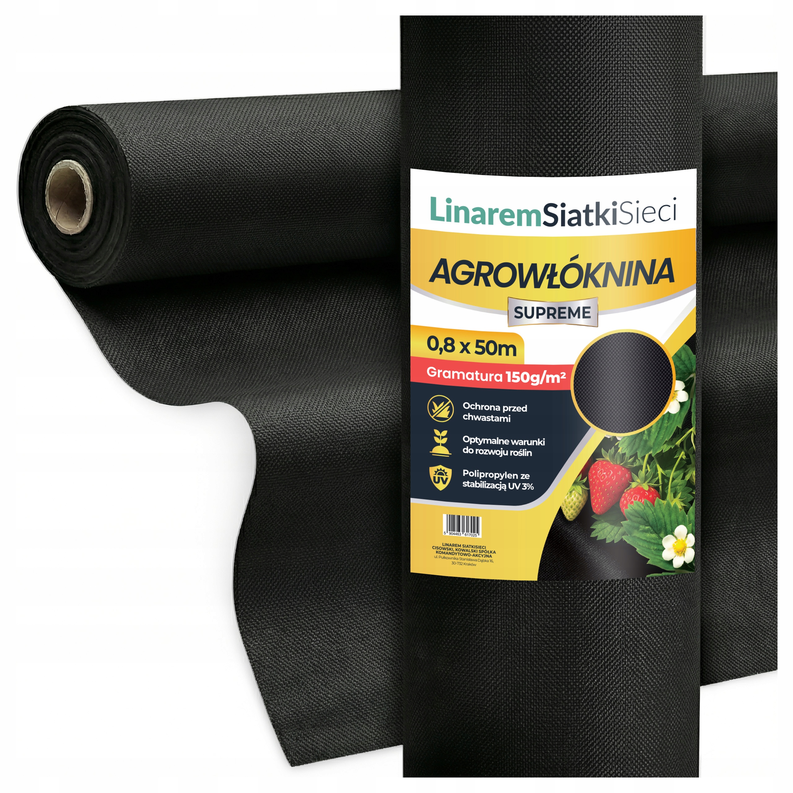 Agrowłóknina czarna 0,8x50m gruba 150g Supreme UV3%. Mocna mata na chwasty