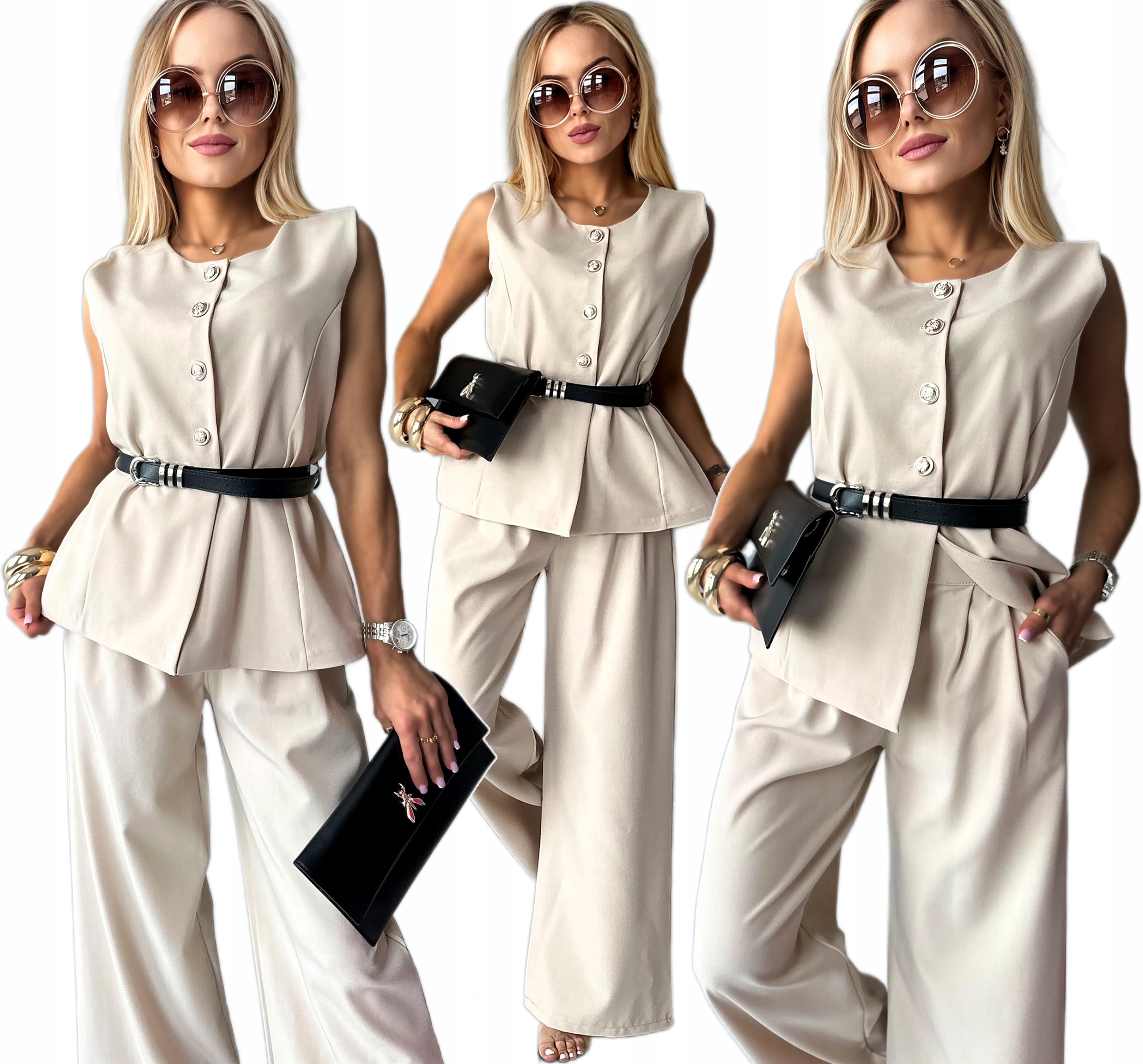 wizytowy Komplet damski kamizelka szerokie spodnie pasek Elvira