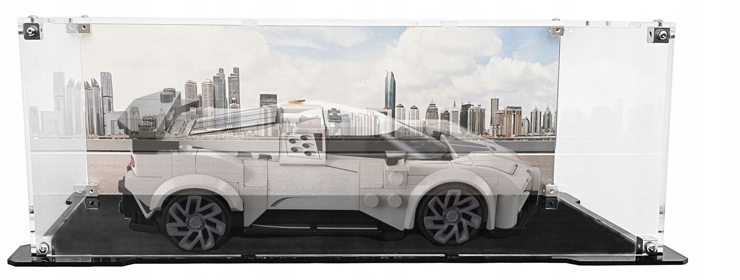 Vitrína s černou základnou a pozadím pro sadu Lego 77240 Bugatti Centodieci
