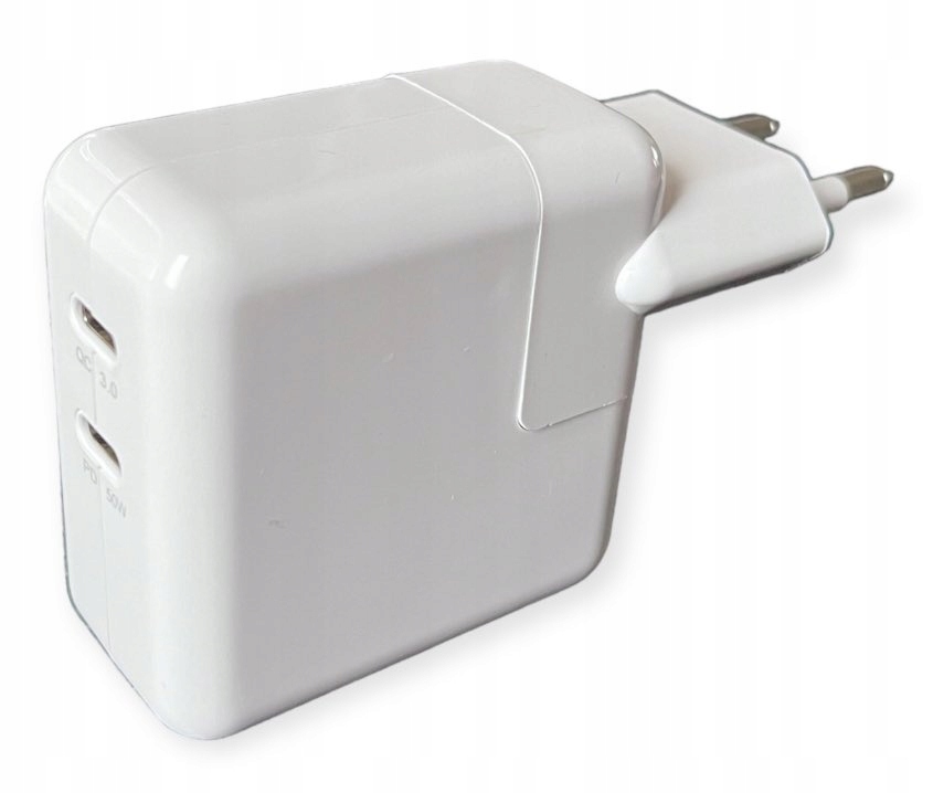 Szybka Ładowarka sieciowa zasilacz z dwoma portami Usb-c o mocy 50W Biała