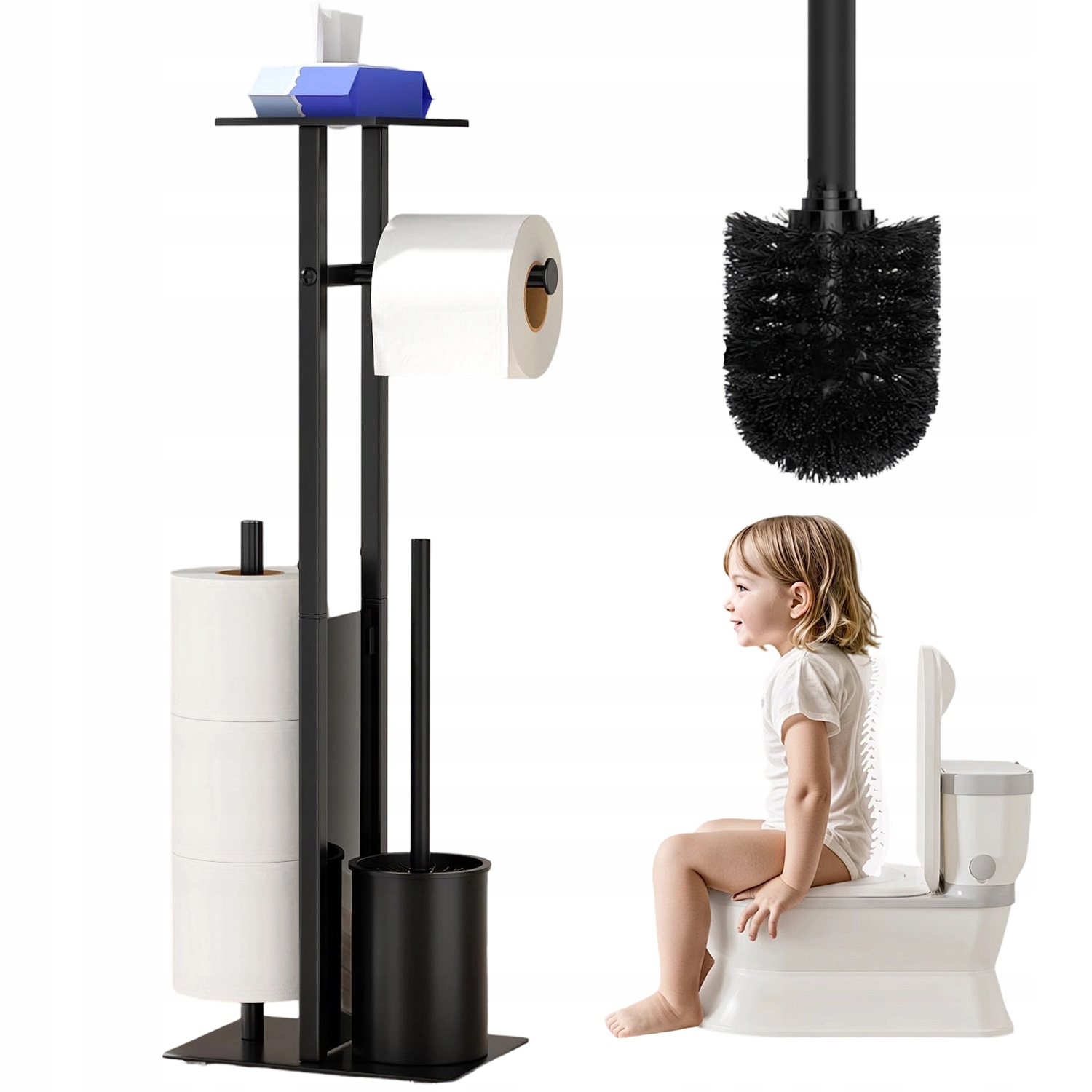 Koupelnový Stojan Z Nerezové Oceli S Držákem Na Papír A Poličkou, Černý