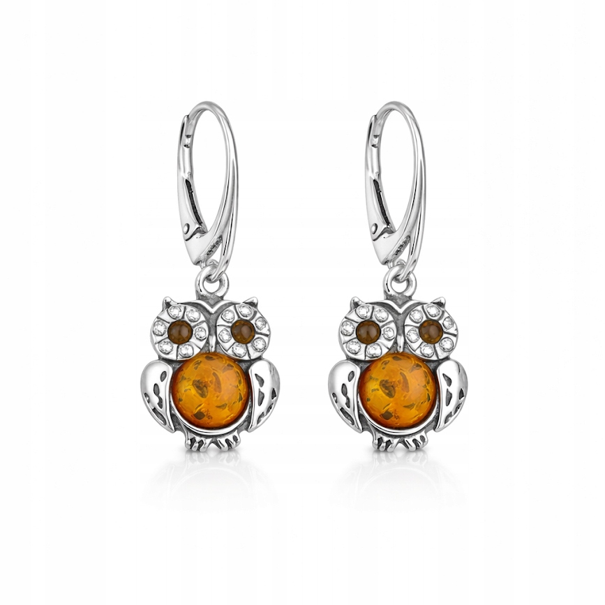 Stříbrné Náušnice S Jantarem A Zirkony Sova