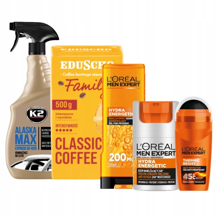 L'Oréal Men Expert Hydra zestaw pielęgnacja, K2 szyby Eduscho kawa dla taty
