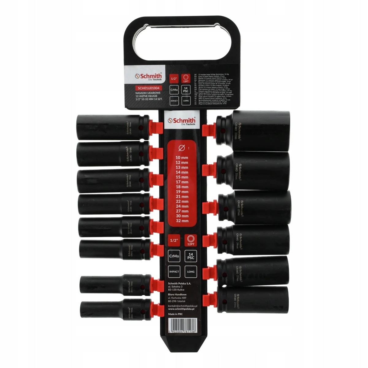 Nárazové nástavce dvanáctihranné dlouhé sada 1/2" 10-32 mm 14 ks Schmith
