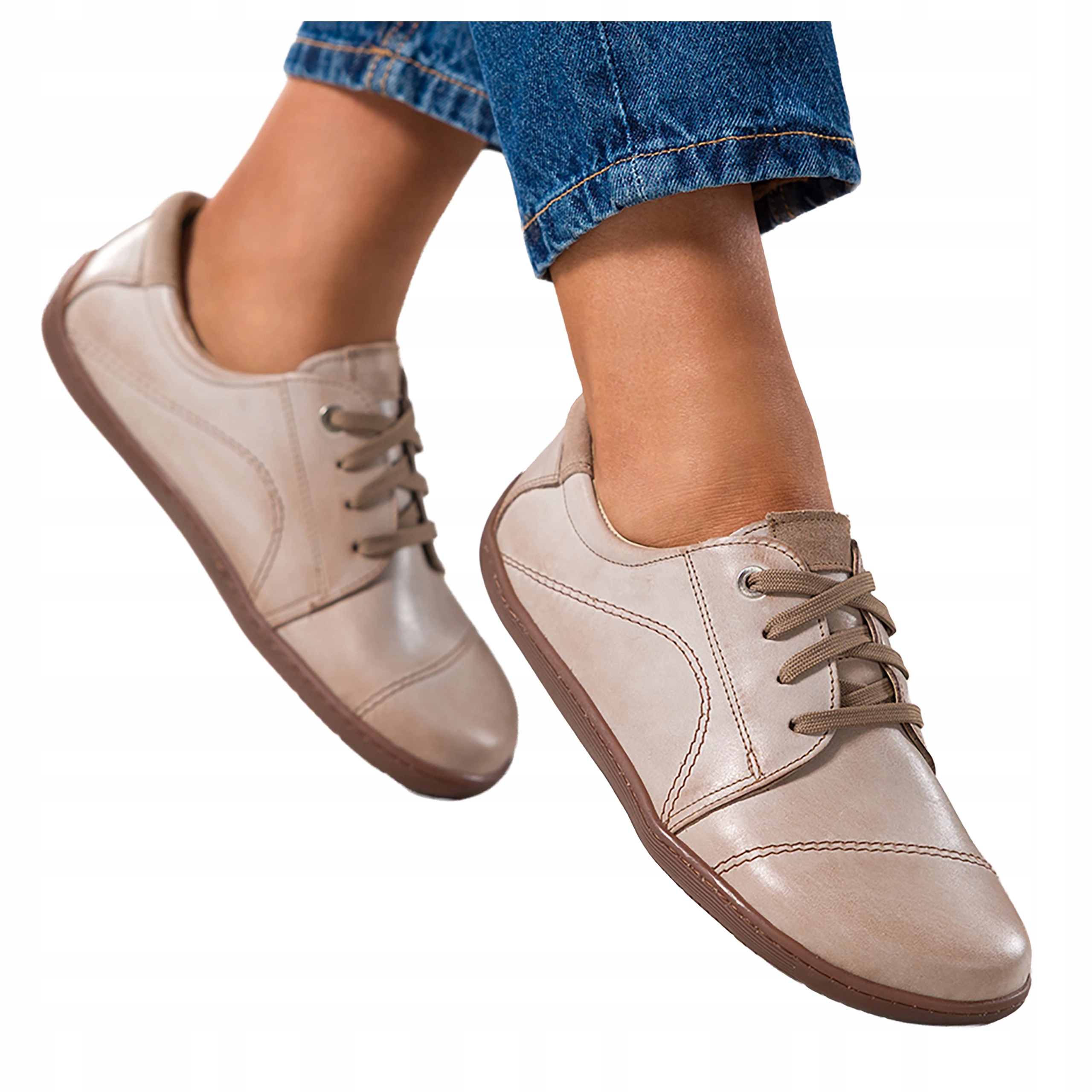 Béžové dámské kožené Polobotky Modne Šněrovací elastické Barefoot, velikost 36