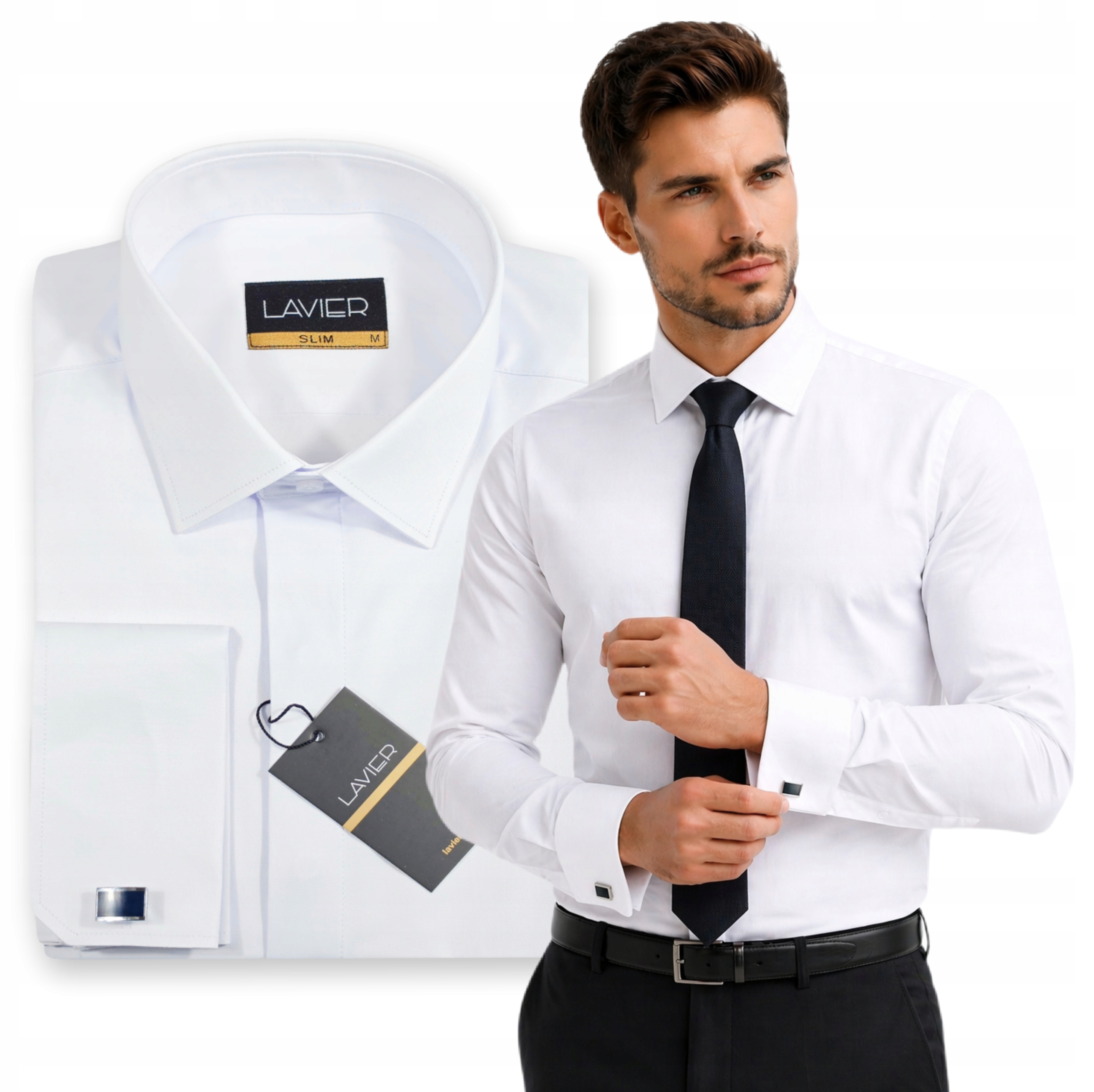 Pánská košile Lavier bílá se zapínáním na knoflíčky Elegantní, Slim, bavlněná vel. M
