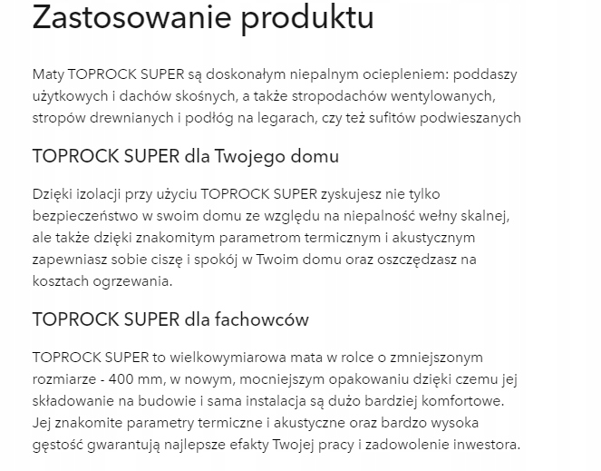 WEŁNA SKALNA TOPROCK SUPER 0,037 GR 18 CM Jednostka sprzedaży m2