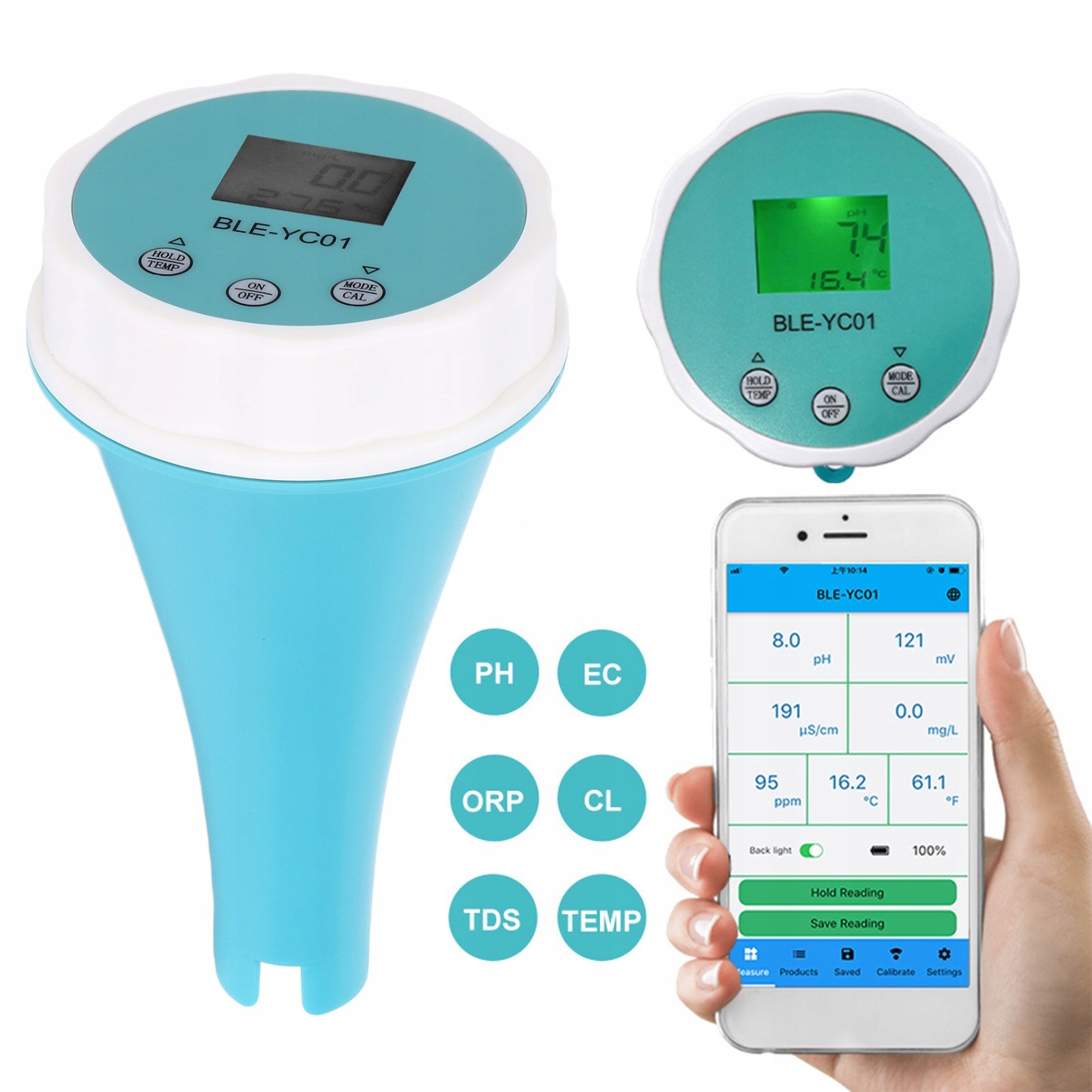 Merač Ph/ec/tds/orp/temp/chlór, Tester Vody, Akvárium, Bluetooth