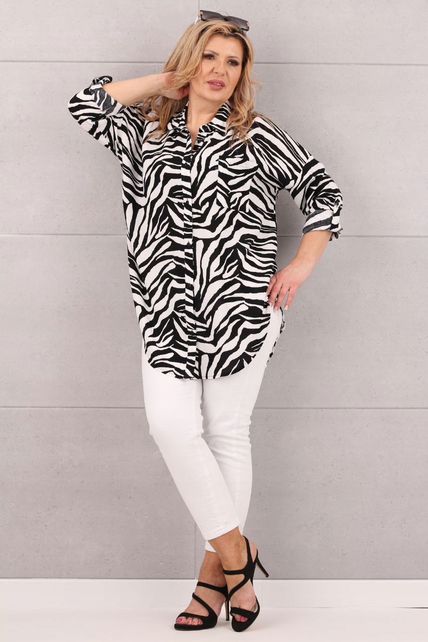 LUŹNA KOSZULA DUŻE ROZMIARY BAWEŁNIANA ELEGANCKA ASYMETRYCZNA ROZPINANA Kolor dodatkowy czarny