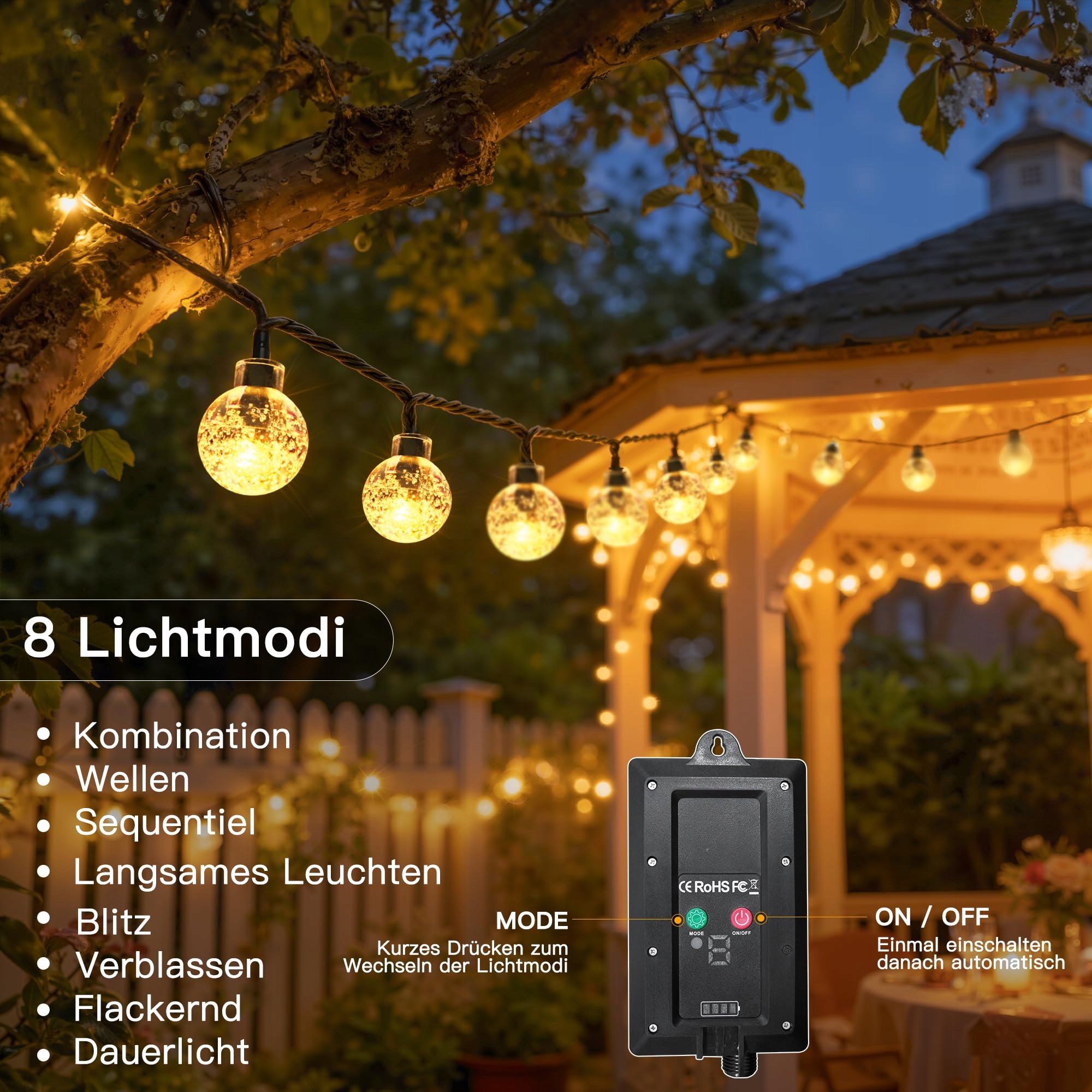 HOPEXY Solarna Girlanda 17m 150 LED IP65 Wodoodporna 8 Trybów Balkon Ogród — miniatura 4
