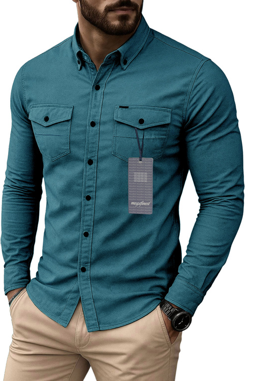 Koszula Jeansowa Kolor Morski Męska Sportowa Długi Rękaw 275 L 41-42