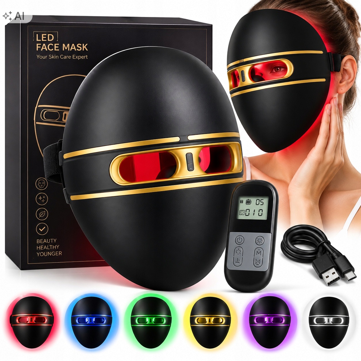 Led Maska Na Obličej, Čištění Obličeje, Lifting, Akné, 4 Režimy, Dálkové Ovládání