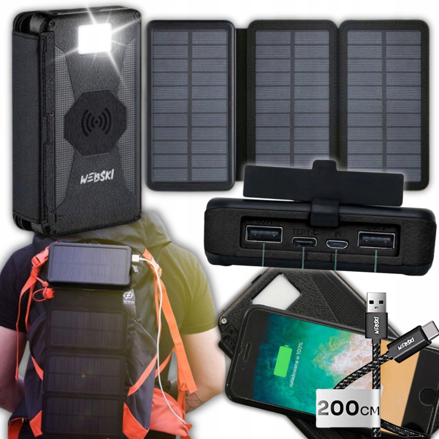 Solární Powerbanka 16000 mAh Bezdrátová Solární Nabíječka Usb Kabel
