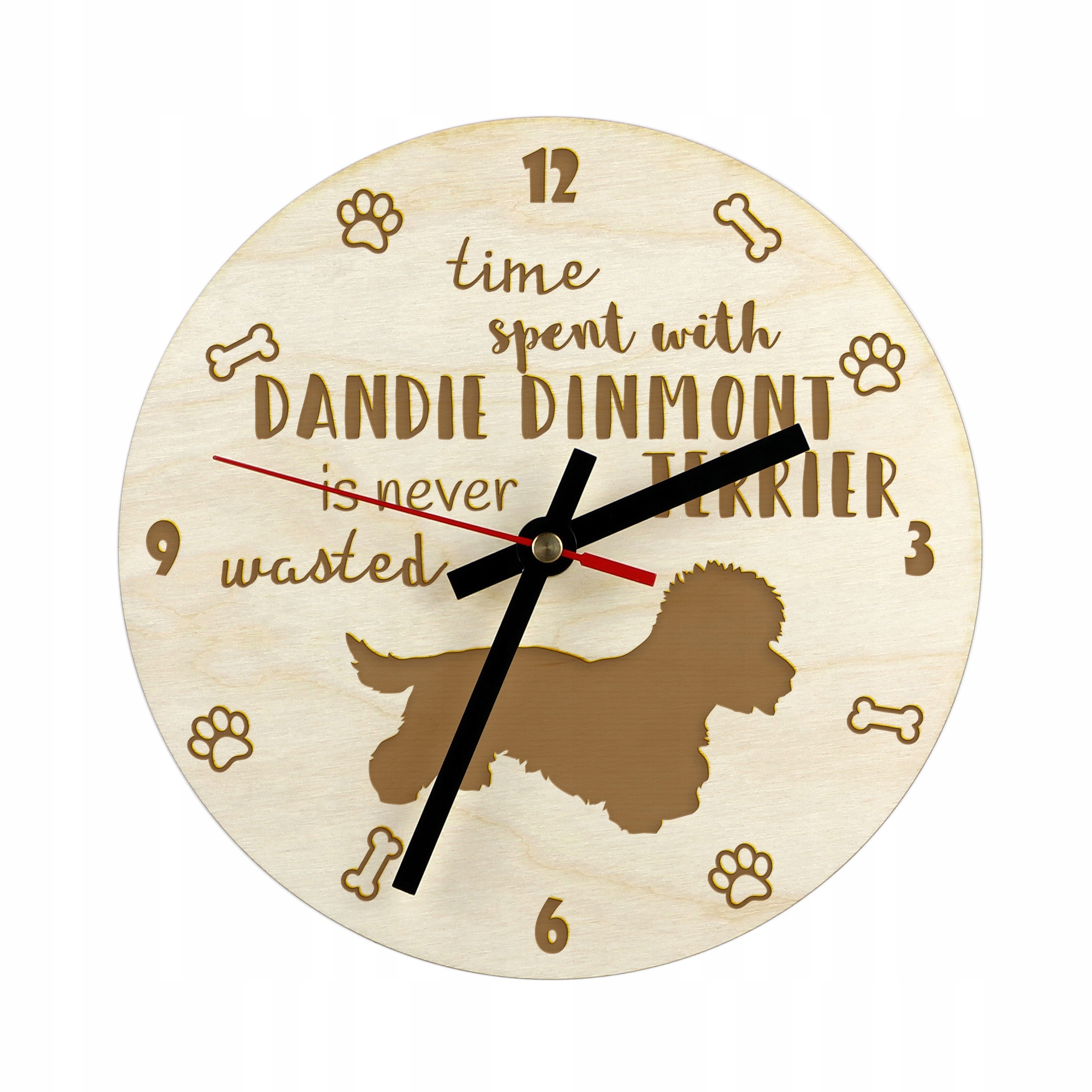 Dandie Dinmont Terrier gravírovaný hodinový stroj se psem, průměr 30 cm, jméno psa