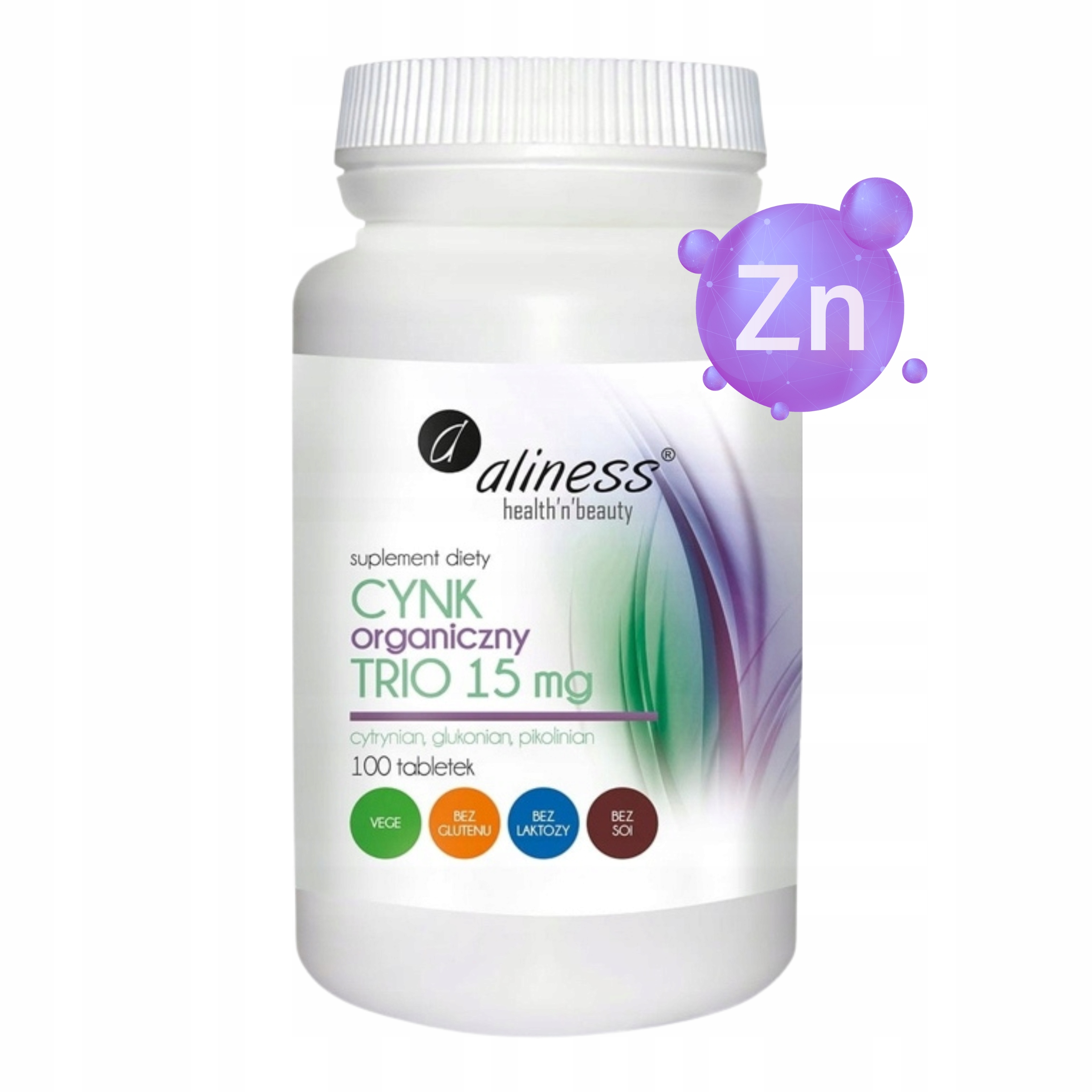 Cynk Organiczny ODPORNOŚĆ ZDROWIE 15 mg WŁOSY PAZNOKCIE 100 tabs Aliness — 17