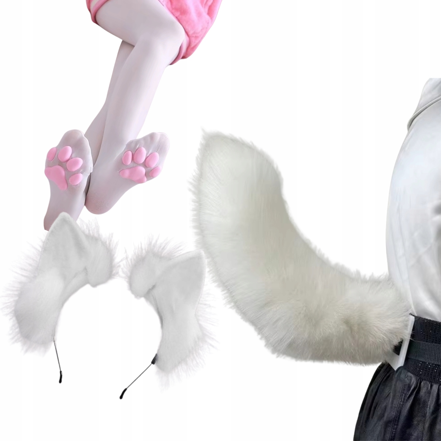 Sada Kostým Kožešinový Ocas Uši Zavinovačky Kočka Liška Cosplay Furry Bílá