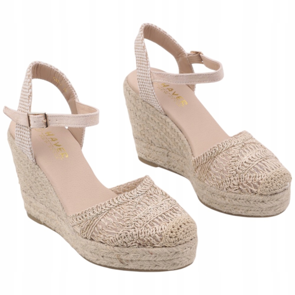 Beżowe Sandałki Damskie Na Koturnie Platformie Czółenka Espardyle Sandały