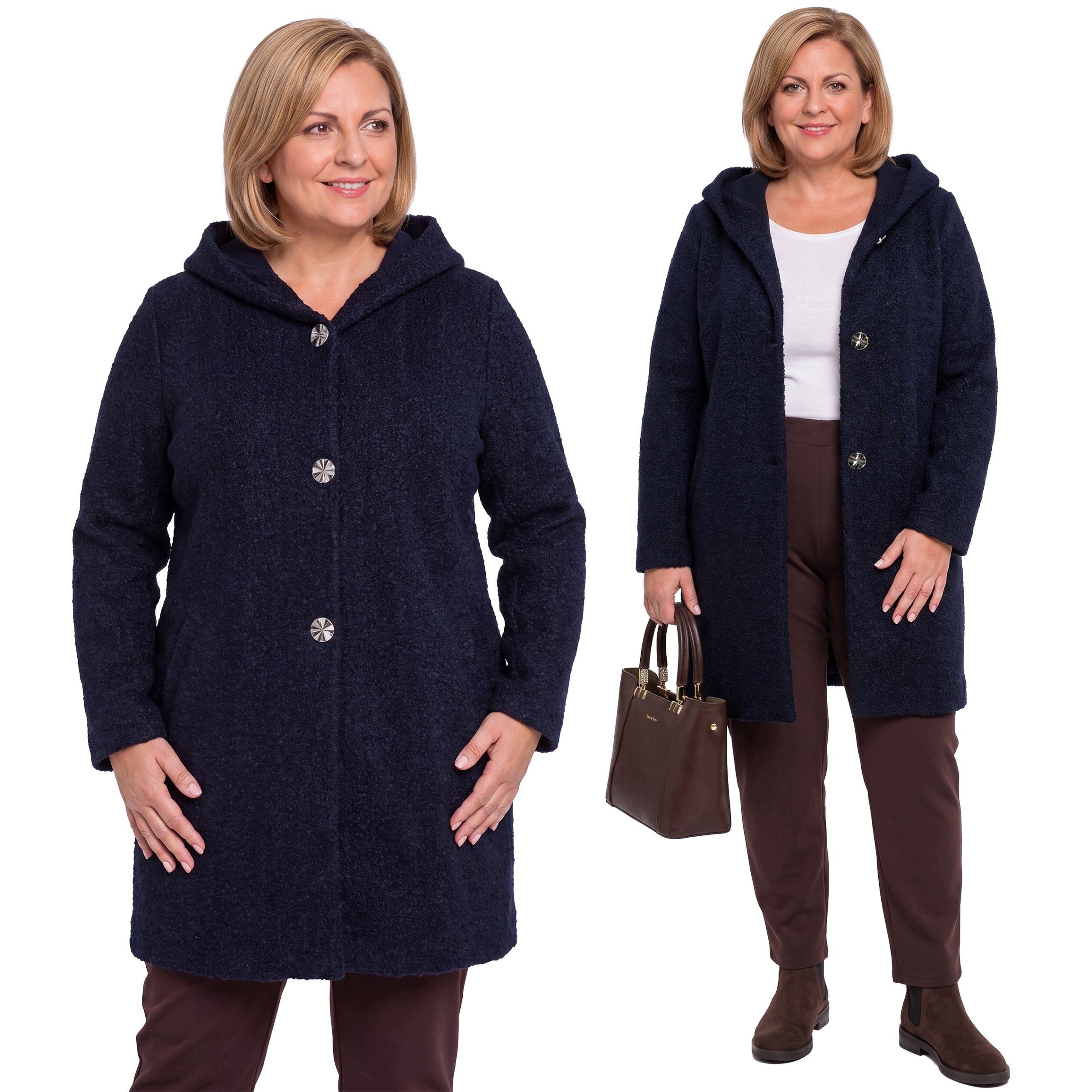 Tmavě modrý kabát s kapucí plus size velikost 64