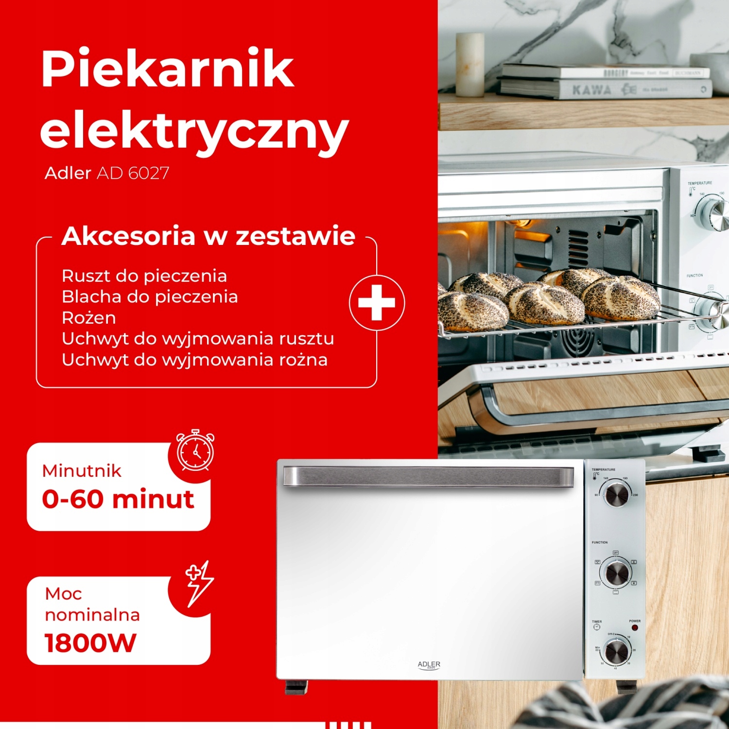 Piekarnik Elektryczny Adler AD 6027 48L Konwekcja Rożen 5 Trybów