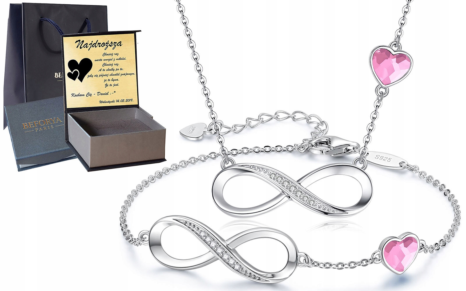 Stříbrný komplet stříbrných šperků 925 Sada Zirkony Gravírování Srdce Růžové