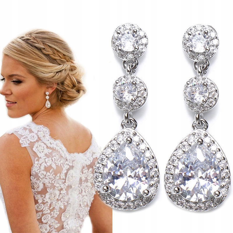 Kolczyki damskie Ślubne kolor srebrny długie Cyrkonie-Zdjęcie-0