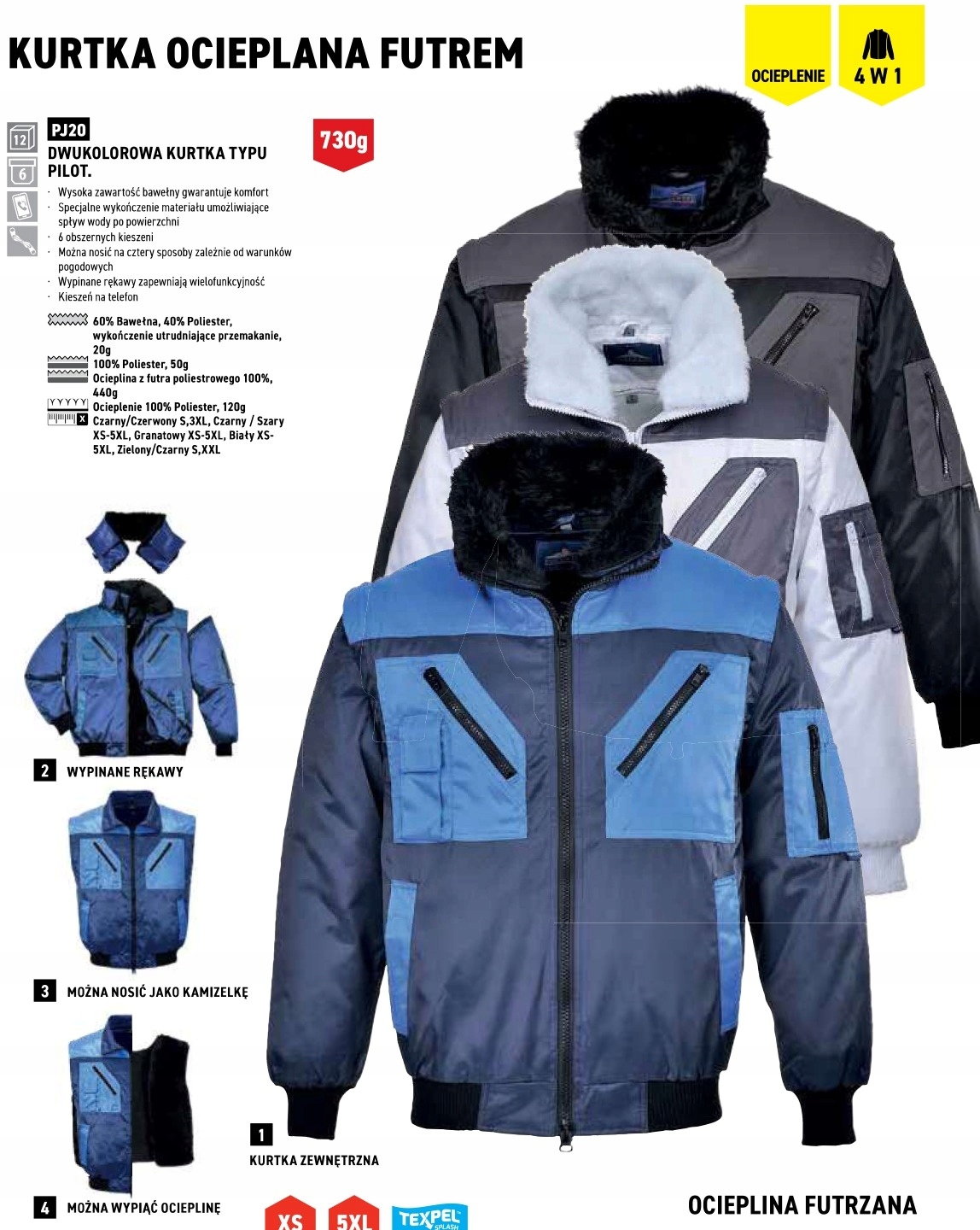 PORTWEST KURTKA ROBOCZA TYPU PILOT WHITE/BLACK 4W1 PJ20 EAN (GTIN) 5036108204083