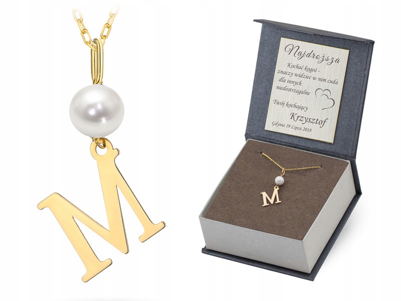 Zlatý Komplet pr. 585 Řetízek 50 cm Přívěsek Písmeno M Perla 14k