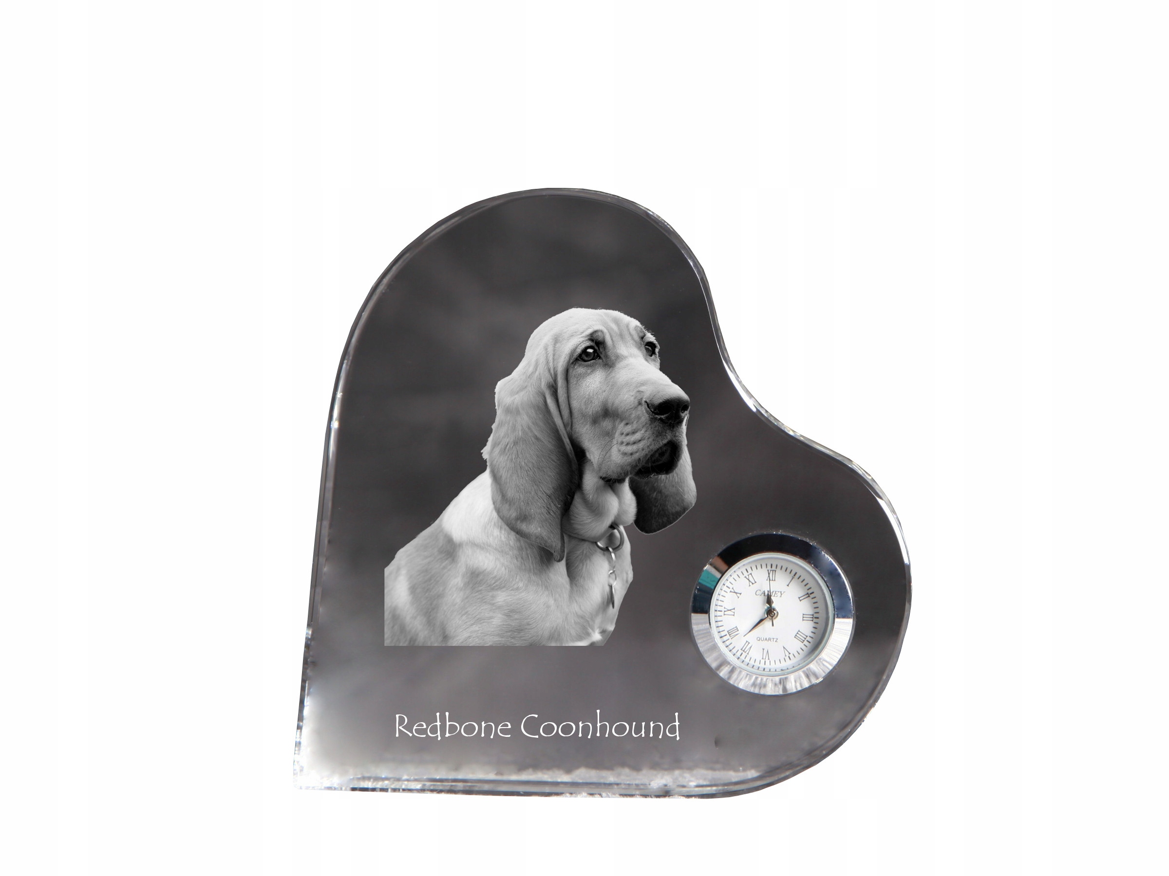 Redbone Coonhound krištáľový hodinový strojček v tvare srdca s vašou fotografiou