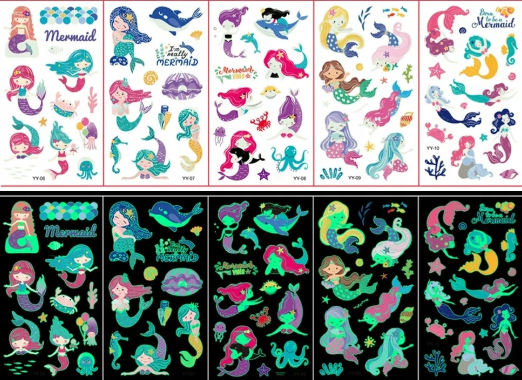 TATUAŻE ZMYWALNE DLA DZIECI 5 ARKUSZY ŚWIECĄCE Kolor dominujący wielokolorowy