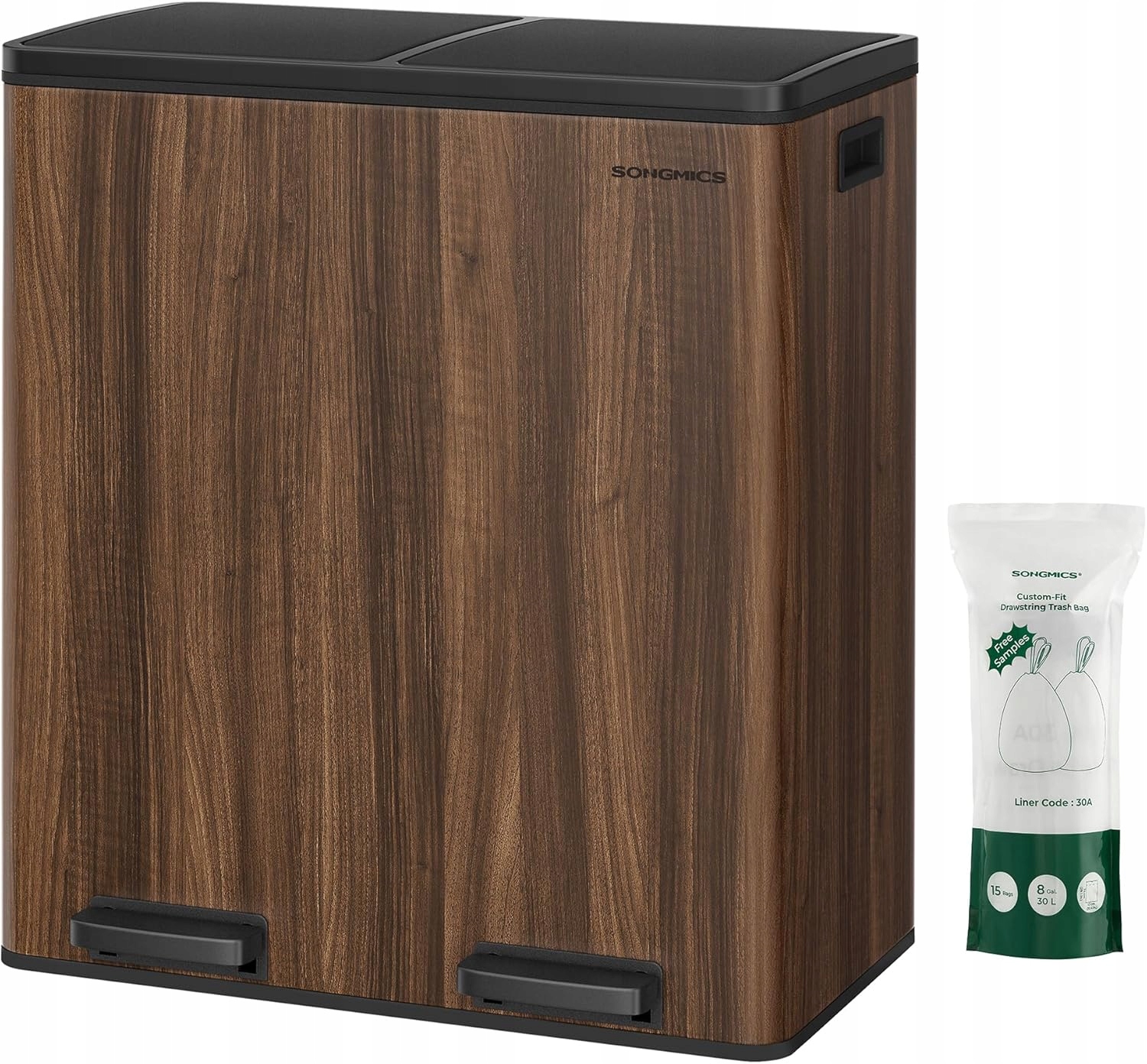 Songmics Kôš na triedenie 2 x 30 L, 2 komory, pedál, kovové puzdro