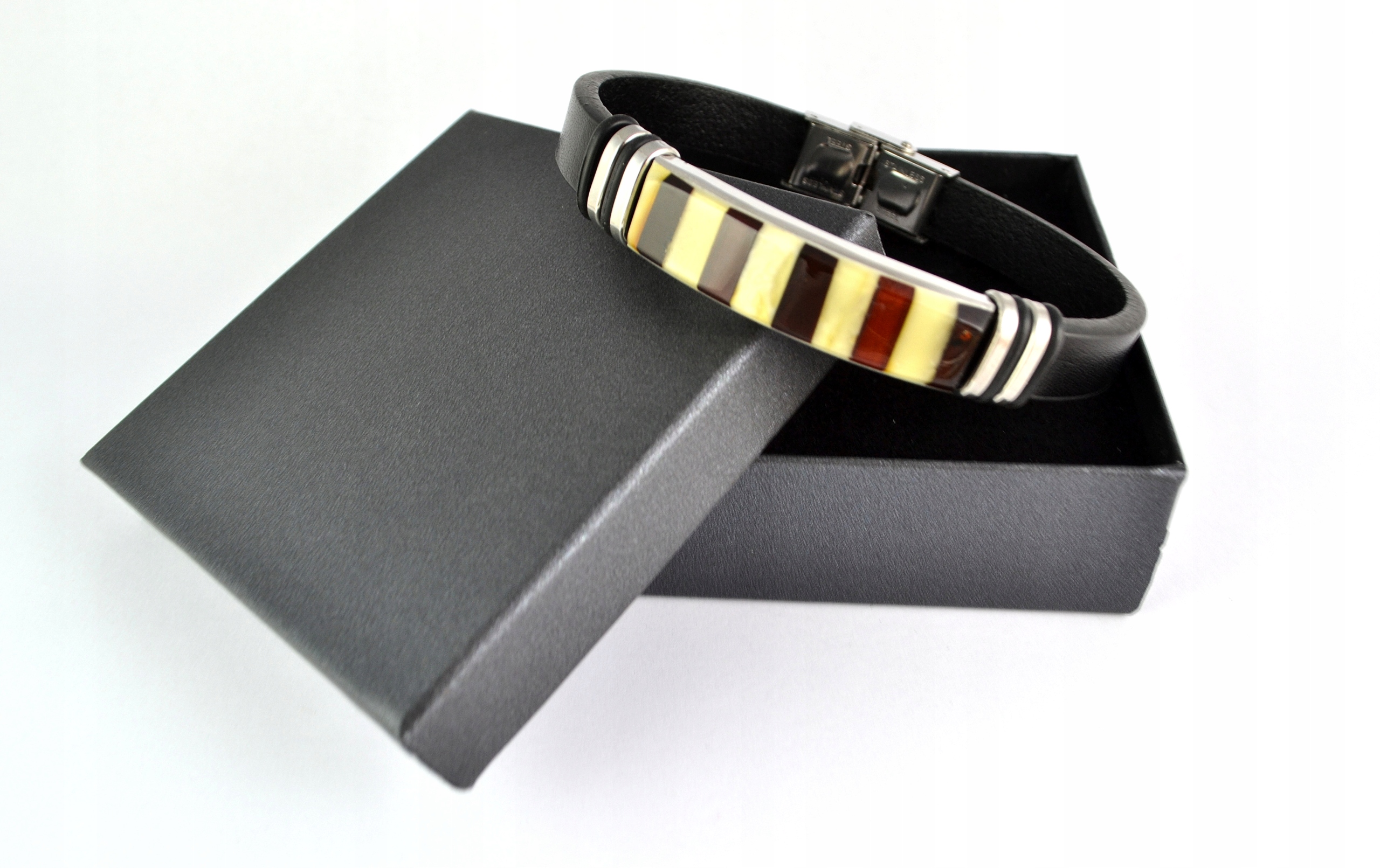 

Bransoleta Męska Bursztyn Skóra Stal