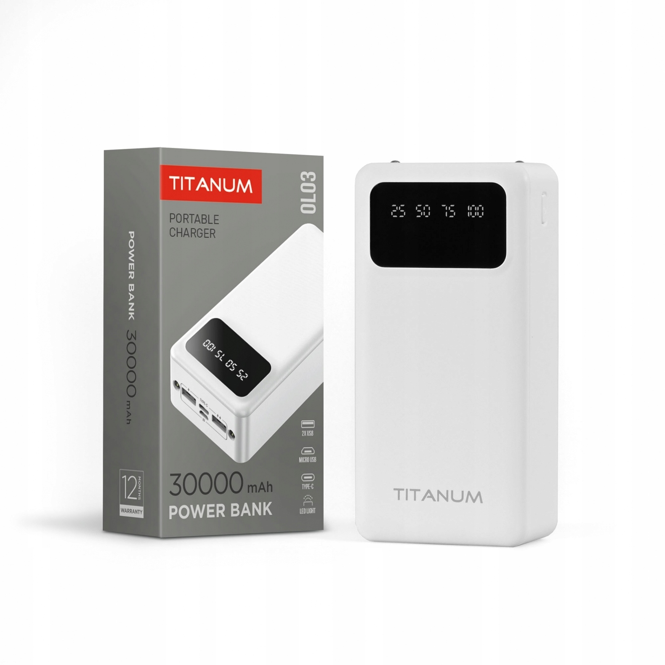 Powerbank pro telefon s velkou kapacitou Titanum 30000mAh bílý Usb Usb-c 2.1A 5V