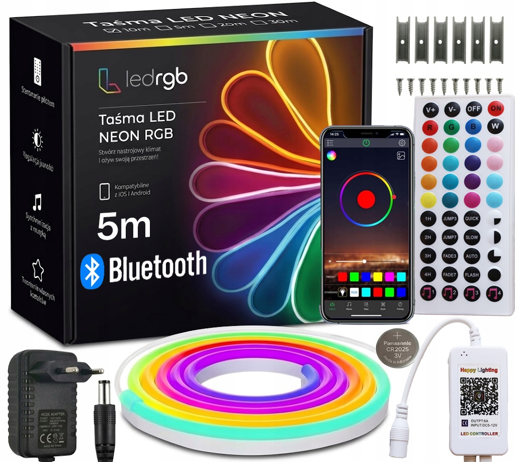 Set Led Pásek Neon 5M Rgb (1x5) Aplikace Bluetooth Dálkový Ovladač Napájecí Zdroj IP67