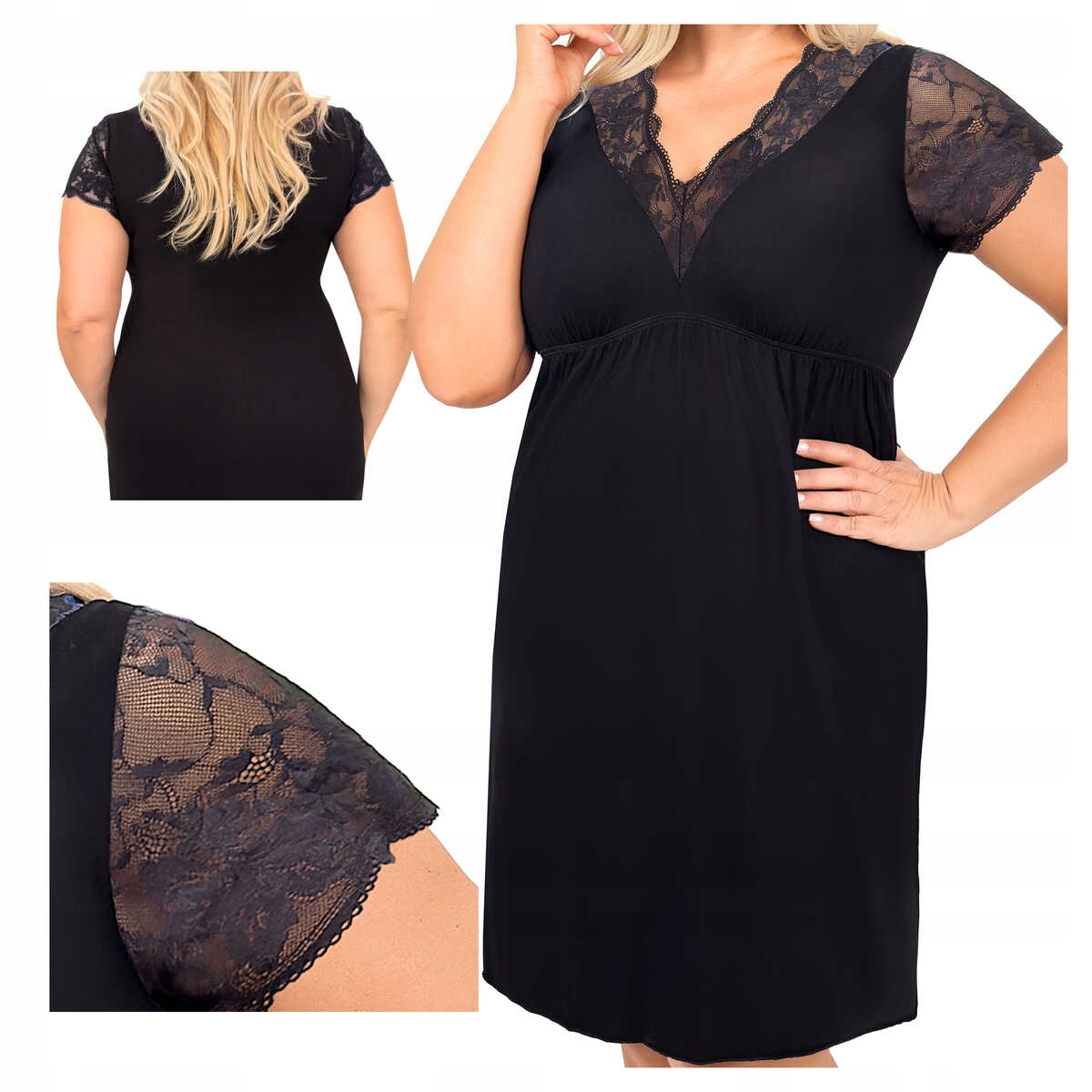 Donna Košile noční z viskózy s krajkou a rukávky Sonia černá plus 3XL