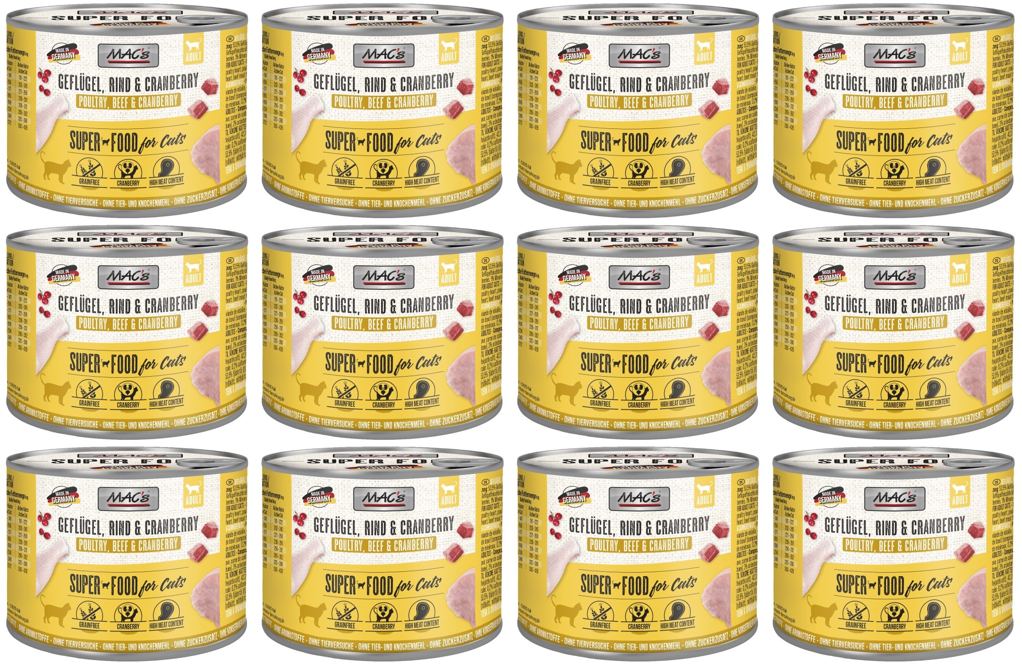 Levně MAC's Cat Drůbež, hovězí maso a Brusinky 12 x 200 g