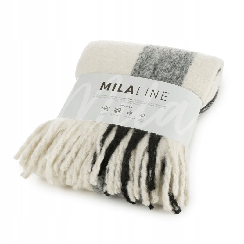 Deka 130x170 Mohér černá krémová s pruhy a třásněmi Eurofiany