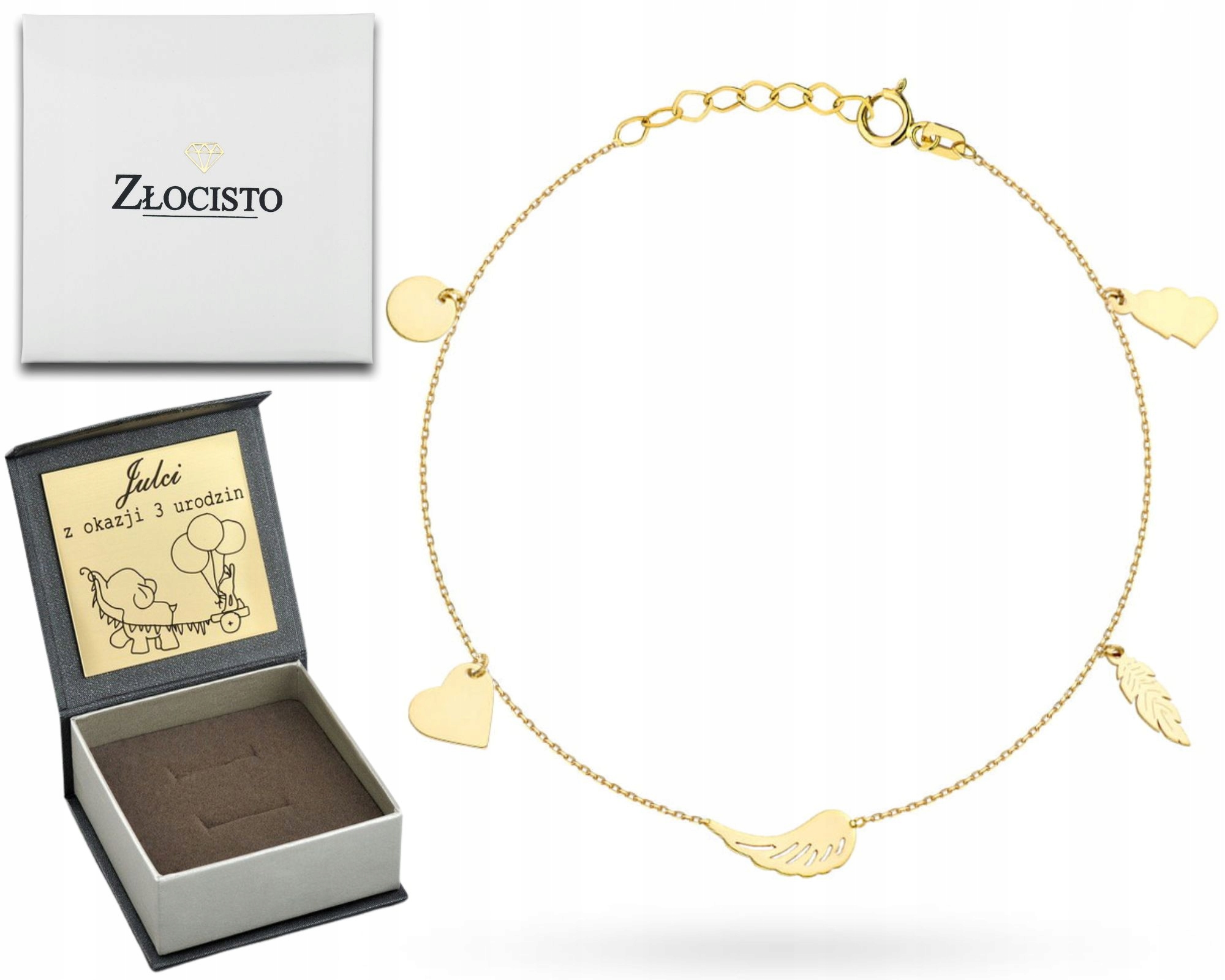 Zlatý Náramek Srdce Pírko Křídlo Kolečko