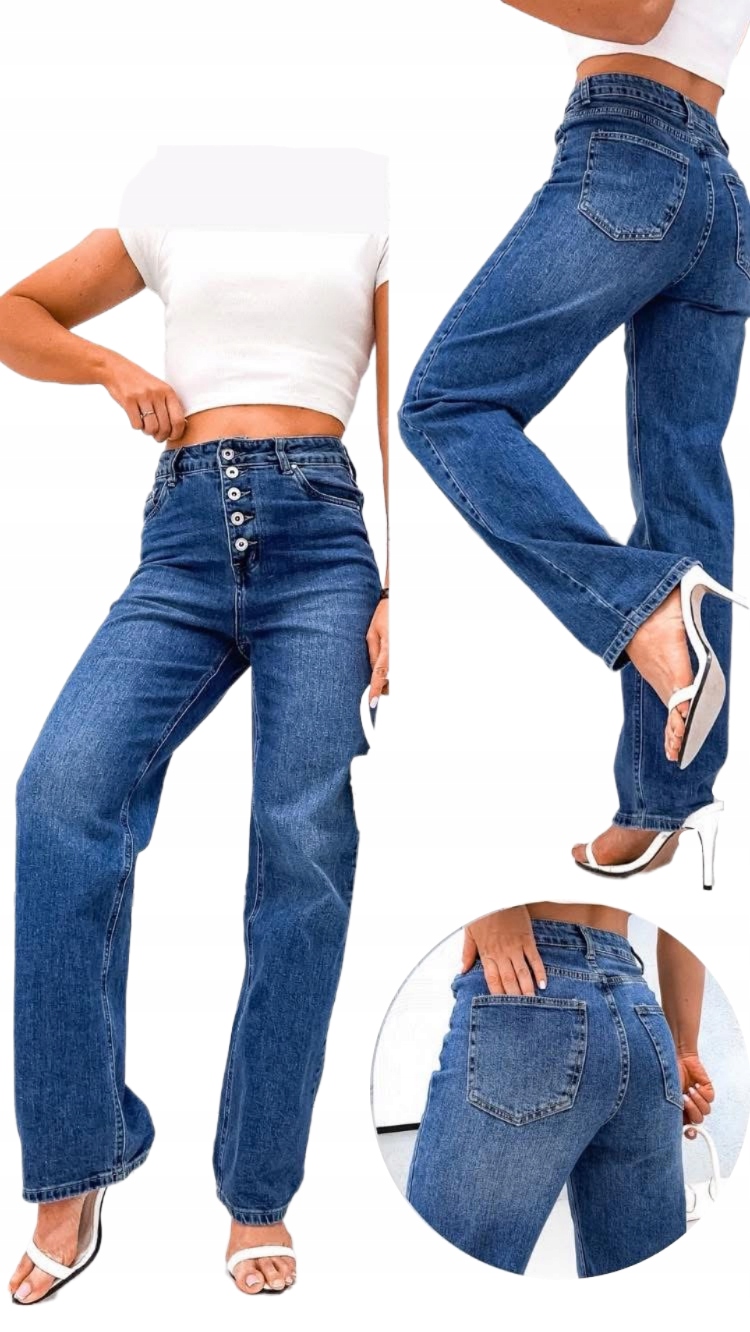 Spodnie Damskie Elastyczne Jeansy Momfit Szerokie Niebieskie S