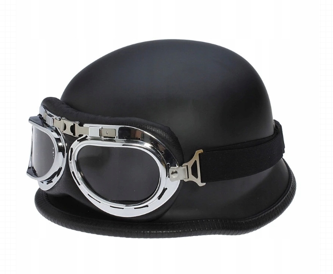 KASK MOTOCYKLOWY ORZESZEK HEŁM RETRO CHOPPER ZESTAW GOGLE CZARNY