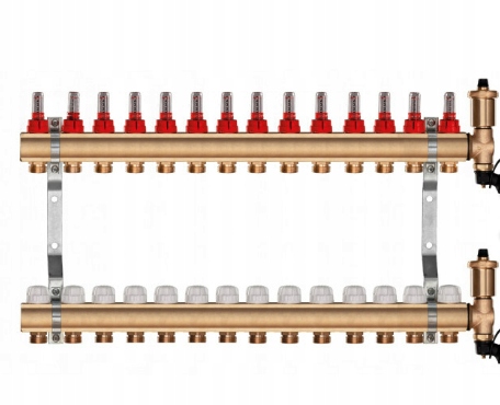 Rozdeľovač 14 sekcií obvodov pre vykurovaciu podlahu Pex s rotametrami