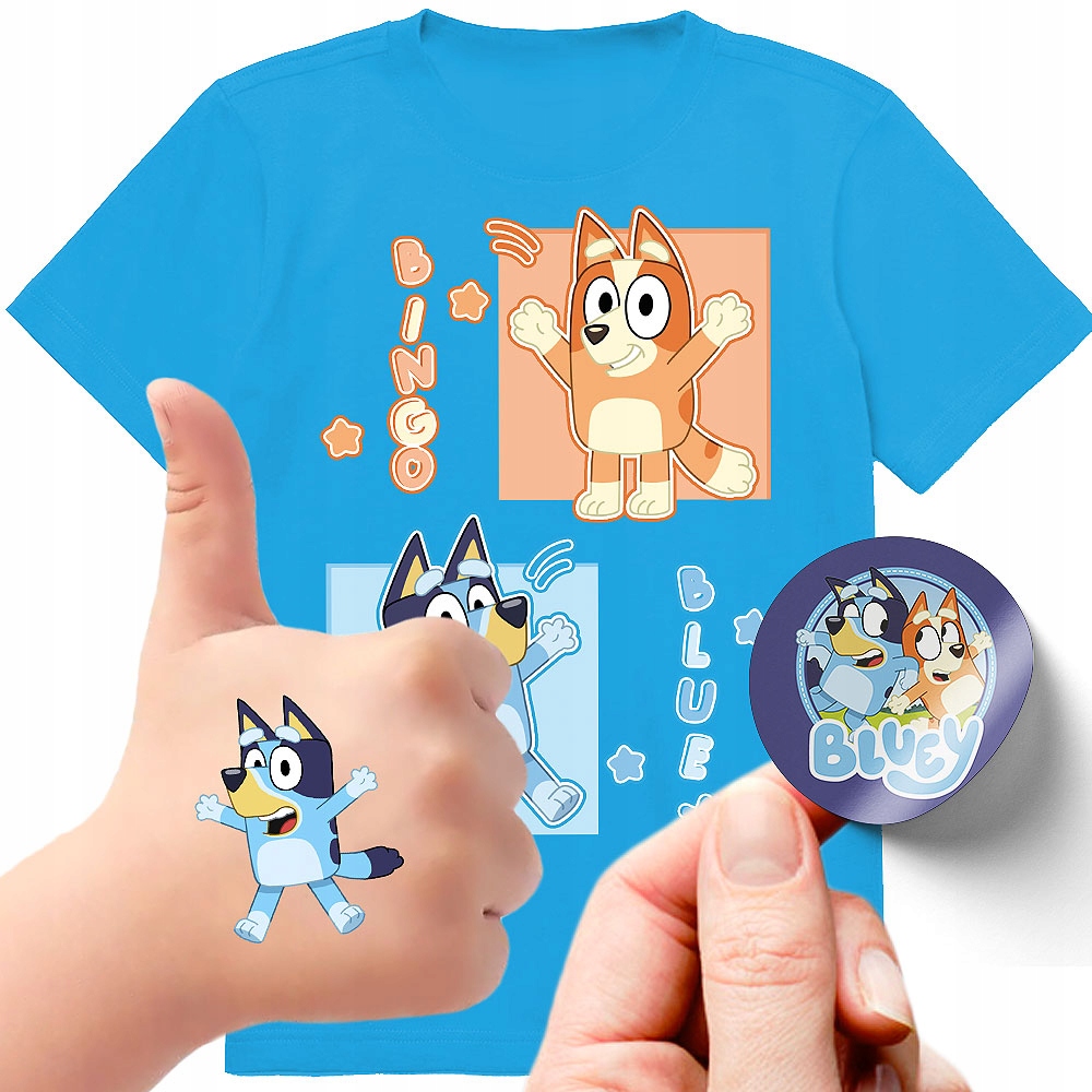 ZESTAW KOSZULKA + TATUAŻE NAKLEJKI BLUEY BLUE 140